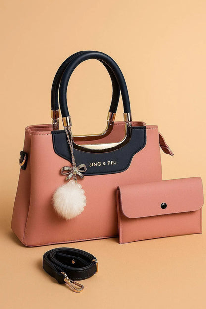 Pink Synthetic Leather Handbag with Belt & Keychain for Girls
