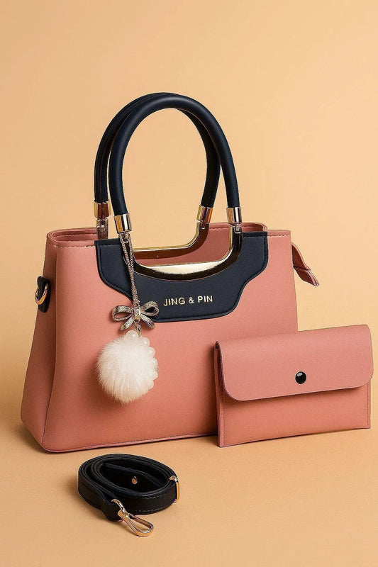 Pink Synthetic Leather Handbag with Belt & Keychain for Girls